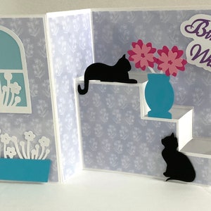 Carte de joyeux anniversaire avec chat , Carte vierge , Fleurs , Fenêtre , Marches , animal de compagnie , Souhaits , Famille , Ami