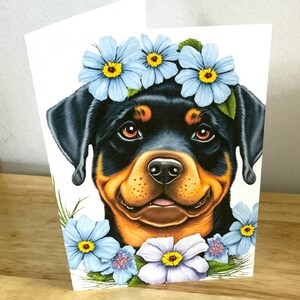 Rottweiler Dog Card , Vierge à l’intérieur , Imprimé , Fleurs , Jardin , Violet , Bleu , Race , Écorce , Animal de compagnie , Meilleur ami