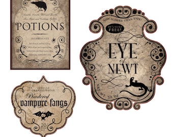 Halloween Bottle Label Stickers  Set of 5  ,  Spider , Potions , Vampire , Bats , Eye of Newt , Party , Decor , Fangs
