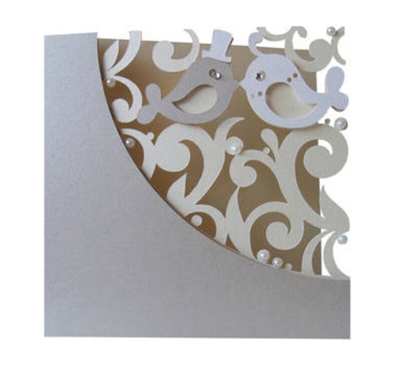 Rhinestones PaperCut Groom Bride Pearls 1 Wedding Card Elegant Classic Flourish Love Birds