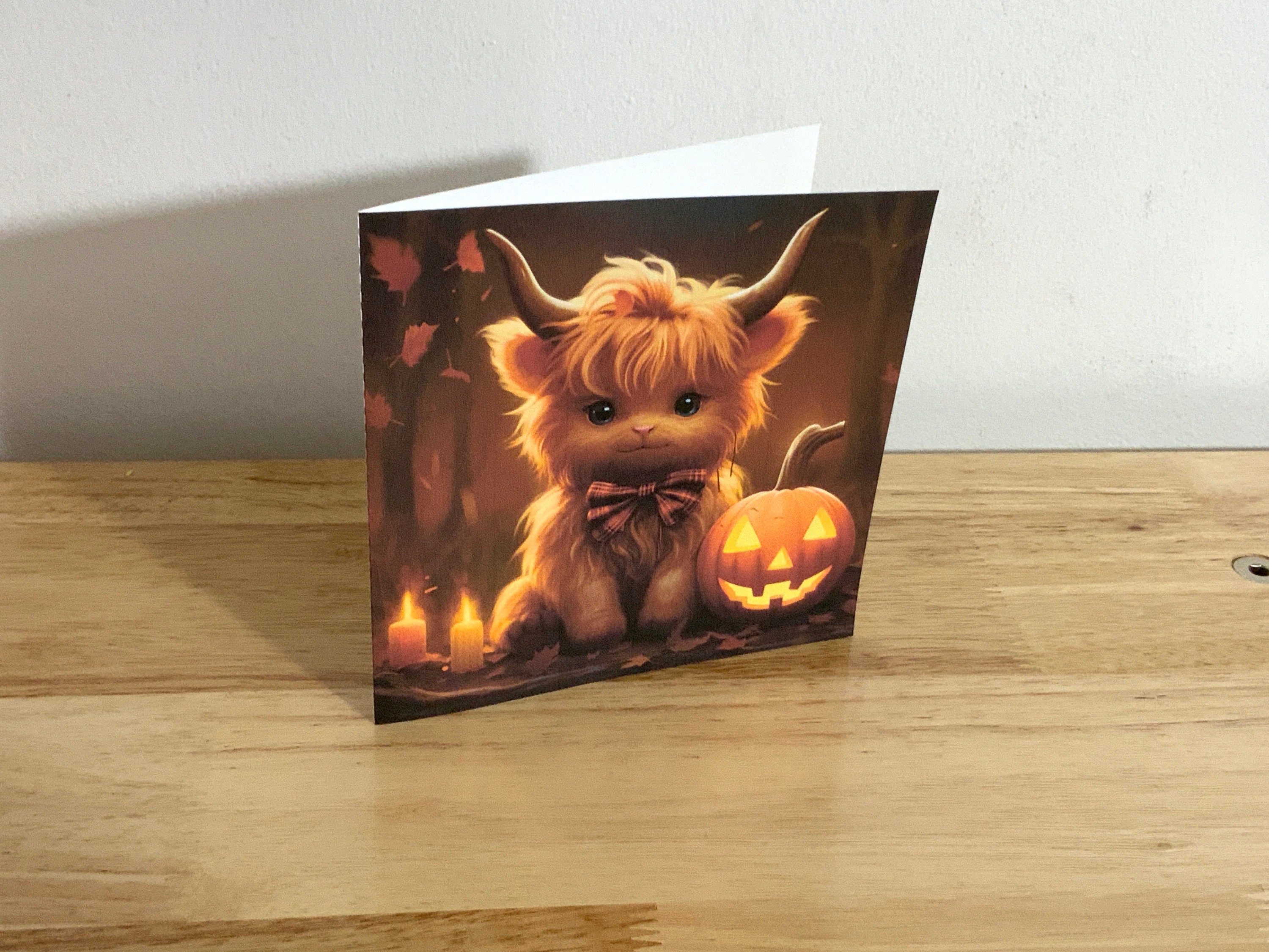Trick or Treat Highland Cow Card , Blank inside , Printed , Halloween , Candles , Pumpkin , Kids , Cute , Animal