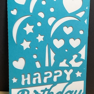 Carte de joyeux anniversaire , Ballons , Étoiles , Cœurs , Confettis , Fête , Lumineux , Bleu , Joie , Fantastique , Papercut
