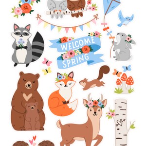 Stickers animaux Bienvenue au printemps , Fleurs , Lapin , Ours , Bannière renard , Loisirs créatifs , Scrapbooking