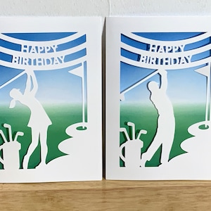 Carte de golf de joyeux anniversaire, intérieur vierge, hommes, femme, normale, tee, vert, club, balançoire, balle, birdie