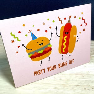Carte d'anniversaire « Faites la fête » , Restauration rapide , Hot dog , Hamburger , Confettis , Danse