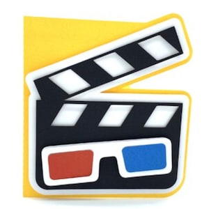 Carte de temps de film, vierge à l'intérieur, lunettes 3D, rouge, bleu, noir, clap, acteur, actrice, drame, horreur