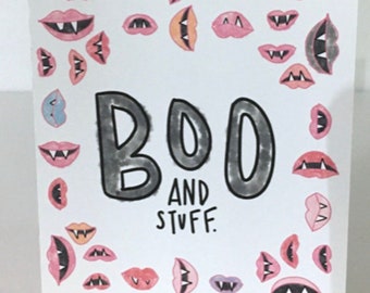 Boo and Stuff Halloween Card , Printed , Blank inside , Kids , Adults , Vampire , Fangs , Mouth