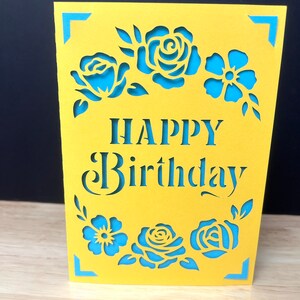 Carte florale de joyeux anniversaire, jaune, bleu, amis, famille, amour, jardin, rose