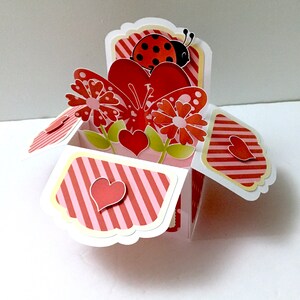 Carte pop-up Coccinelle Je t'aime, imprimée, boîte, fleurs, cœur, papillon, rayures, rouge, rose, amis, famille