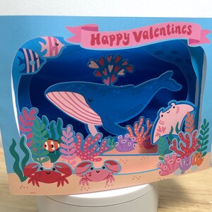 Carte de Saint-Valentin pop-up baleine 3D , enfants , amis , enseignant , poisson , cœurs , amusement