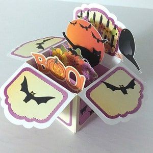 Carte pop-up Jardin d'Halloween, 3D, Vierge, fleurs, chat noir, lune, chauves-souris, citrouille, hu
