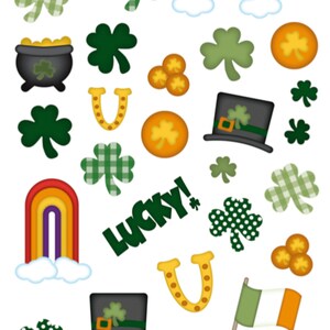 May include: A collection of St. Patrick's Day themed clipart featuring shamrocks, rainbows, pots of gold, horseshoes, leprechaun hats, and the words "Lucky!"