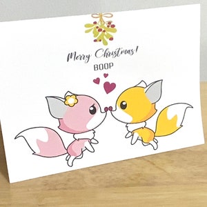 Carte Joyeux Noël renard , Houx , Baies , Gui , Jaune , Rose , Animal , Joyeux , Vacances
