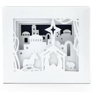 Carte Bethléem Nativity Shadow Box, intérieur vierge, 3D, ville, vacances, religieux, bébé, Jésus, Dieu, étoile, papier découpé