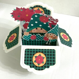 Christmas Gnome Pop Up Card , Imprimé , Hibou , Fleurs , Menthe poivrée , Plaid vert , Vacances , Amis , Famille