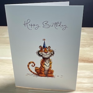 Carte de joyeux anniversaire Tigre , Mignonne , Chat , Enfants , Adultes , Fêtard , Chapeau , Célébration