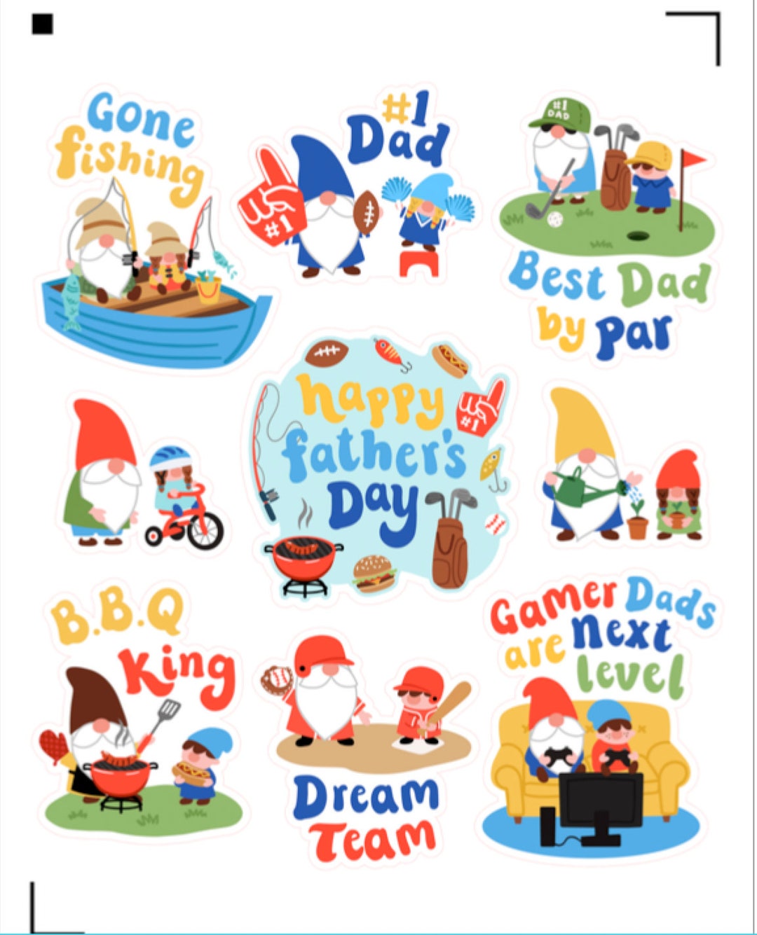 Gnome Fathers Day Stickers, Fishing , Best , Father , Daddy , Golf , BBQ ,  Gamer , Sports 