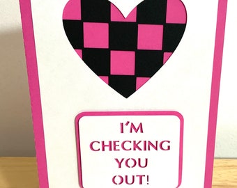 Checking You Out Valentines Day Card , Blank inside , Checkerboard , Pink , Sweet , Love , Heart , Partner