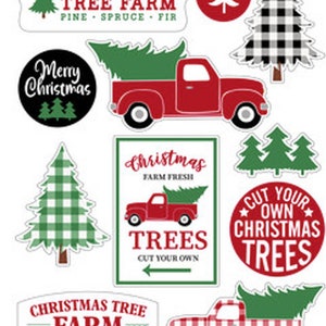 Stickers de Noël camion rouge , Joyeux Noël , Ferme , Arbres , Tissu écossais , Famille , Scrapbooking , Loisirs créatifs , Cadeaux