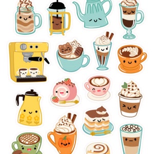 Autocollants Kawaii Coffee and Sweets , Latte , Cake , Jelly Roll , Happy , Crafts , Gifts , Kids