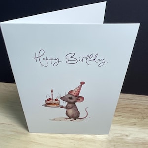 Carte de joyeux anniversaire avec souris , Gâteau , Fêtard , Ami , Famille , Célébration