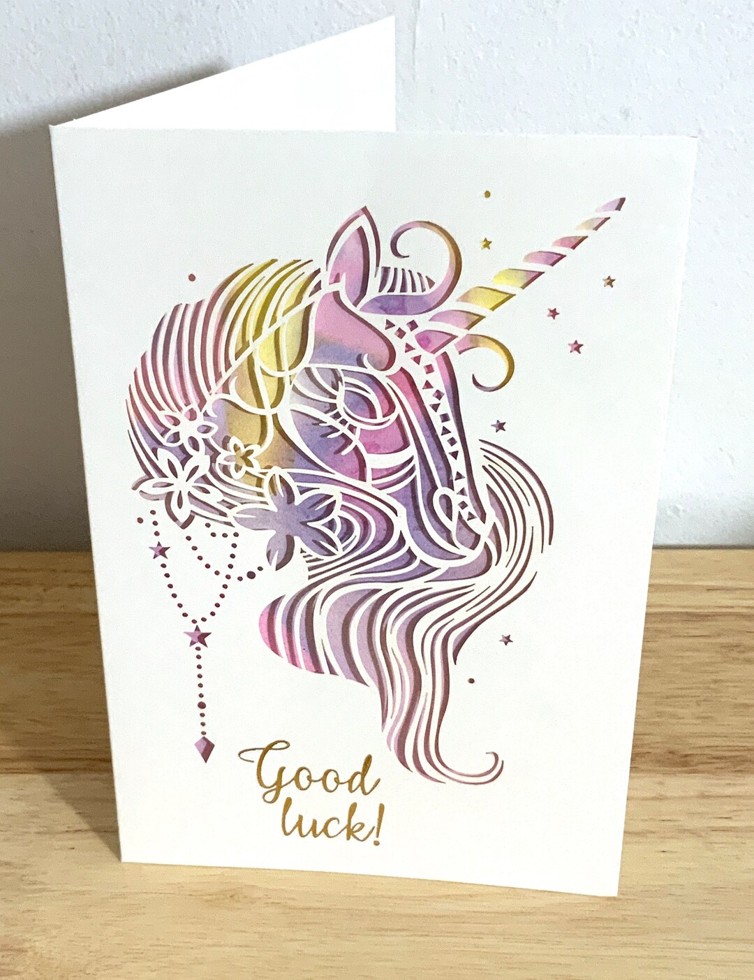 Good Luck Unicorn Card , Blank Inside , Horn , Stars , Flower , Magical ...