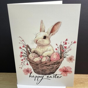Carte Joyeuses Pâques , Lapin , Famille , Amis , Vacances , Printemps , Panier , Oeufs , Rose