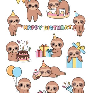 Mignons petits autocollants paresseux, joyeux anniversaire, enfants, adultes, gâteau, bougies, fête, cadeaux, ballons, artisanat