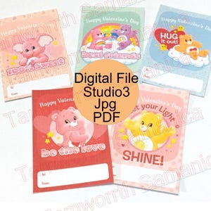 Care Bear Alla hjärtans dag-kort, Digital fil, PDF, Studio3, jpg, Barn, Skola, Retro, Utskrivbar,
