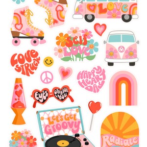 Autocollants Groovy Love , Van , Coeurs , Skate , Arc-en-ciel , Lampe à lave , Fleurs , Disque , Planificateur , Cadeau , Enfants