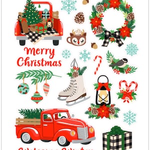 Stickers de Noël Bienvenue en hiver , Chatoyant , Camion rouge , Couronne , Joie , Festif