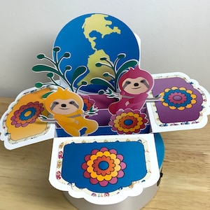 Carte boîte pop-up paresseux du jour de la terre, plantes, vert, globe terrestre, fleurs, joyeux, bonjour, protégez, aimez, partagez