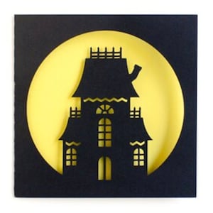 Carte maison hantée , Vierge à l’intérieur , Papercut , Creepy , Spooky , Lune , Jaune , Noir , Halloween , Enfants , Cadeau