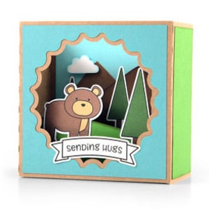 Sending Hugs Fall Pop Up Card , Bear , Friend , PaperCut , Trees , Autumn , Woods , Mountains