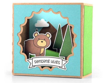 Sending Hugs Fall Pop Up Card , Bear , Friend , PaperCut , Trees , Autumn , Woods , Mountains