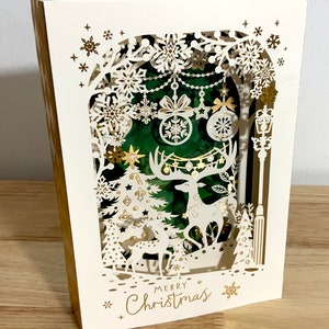 Carte Joyeux Noël découpée au laser , Forêt , Renne , Décorations , Flocons de neige , Hiver , Sauvage , Feuille d'or , Festif