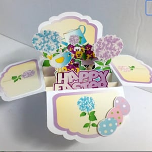 Joyeuses Pâques Fleurs de Printemps Pop Up Box Card , Oiseau , Jardin , Violet , Imprimé , Amis , Famille