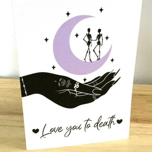 Carte de Saint-Valentin céleste, imprimée, vierge à l’intérieur, squelette, lune, ciel, nuit, main, amour à la mort, mauvais œil, partenaire