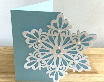 Snowflake Card , Blank inside , Snow , Winter , Christmas , Holiday , Family , Friends , Joy , Pearls , Blue  , Cold