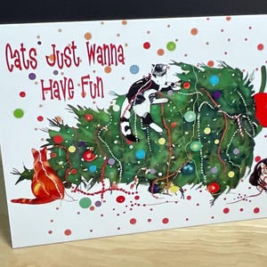 Carte de Noël chats , Arbre , Vacances , Jeu , Amusement , Rire , Trouble , Décorations