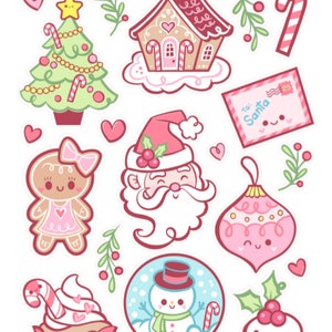 Autocollants de Noël, rose, Père Noël, pain d'épices, courrier, HoHoHo, houx, arbre, vacances, hiver, neige
