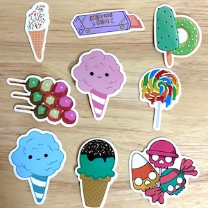 Autocollants en vinyle Sweet Treats , Barbe à papa , Gomme , Candy Corn , Crème glacée , Beignet , Bleu , Rose , Enfants , Cadeau