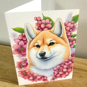 Shiba Dog Card , Vierge à l’intérieur , Imprimé , Rose , Fleurs , Floral , Animal de compagnie , Doux , Moelleux , Amis , Famille