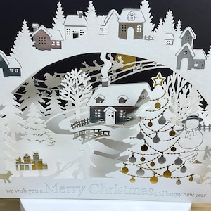 Carte pop-up Joyeux Noël, découpée au laser, arbre, étoile, hiver, vacances, musique, neige, flocon de neige