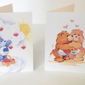 Carte imprimée CareBear aquarelle , Intérieur vierge , Cœurs , Amour , Partager , Enfants , Adultes , Dessin animé