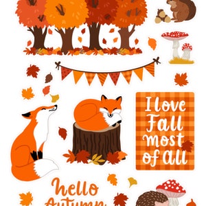Autocollants d'automne, automne, renard, hérisson, feuilles, orange, marron, bannière, champignon, scrapbooking, artisanat