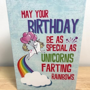 Carte d'anniversaire licorne , pets , ballons , étoiles , spécial , drôle , sarcastique , humour