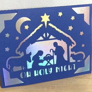 Carte de Noël de la Sainte nuit , Vierge à l'intérieur , Joyeux Noël , crèche , Béni , Bébé , Animaux , Étoile , Lune