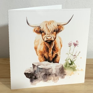 Highland Cow Card , Imprimé , Vierge à l’intérieur , Graa , Fleurs , Roche , Animal , Belle , Cornes