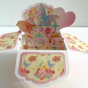 Love Pop Up Box Card , Blank Card , Butterfly , Bird , Love , Pink , Flowers , garden , Plant life , Heart , Family , Friend